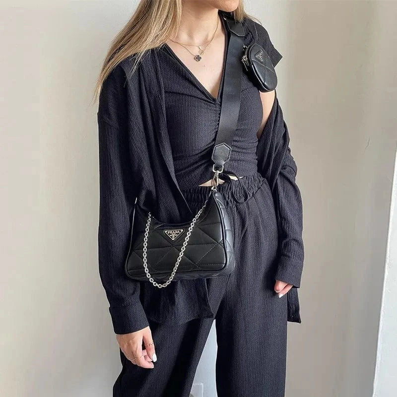 2024 New arrival  women's autumn long sleeve shirt drawstring short sleeve wide leg pants three pieces set