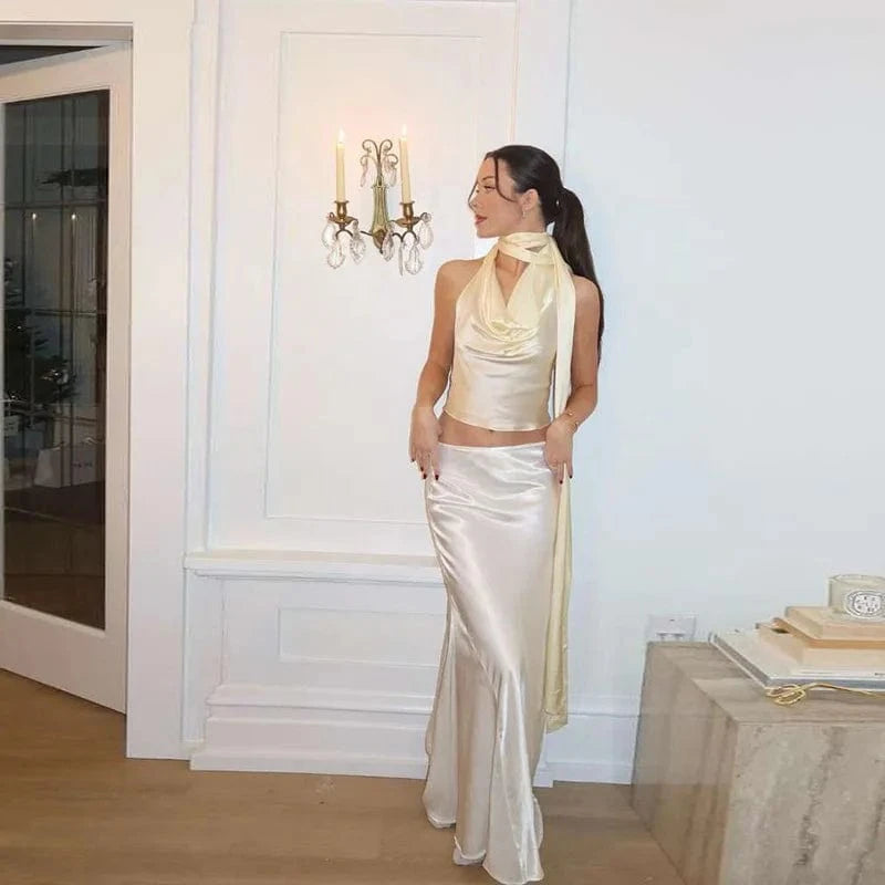 2024 New Arrivals 2 Piece Set Crop Tops+maxi Skirt Women's Sets Backless Solid Women's Sets