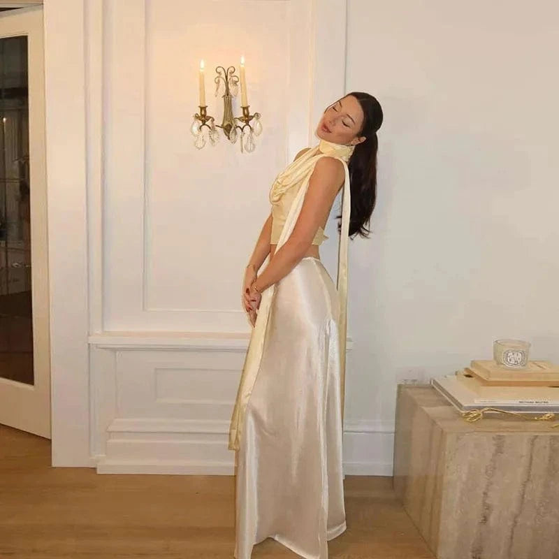 2024 New Arrivals 2 Piece Set Crop Tops+maxi Skirt Women's Sets Backless Solid Women's Sets