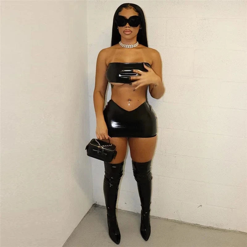 2024 New arrivals autumn strapless sexy pu leather clubwear two piece set women clothing