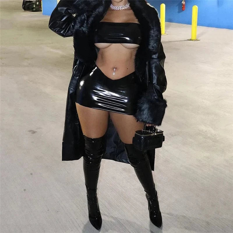 2024 New arrivals autumn strapless sexy pu leather clubwear two piece set women clothing