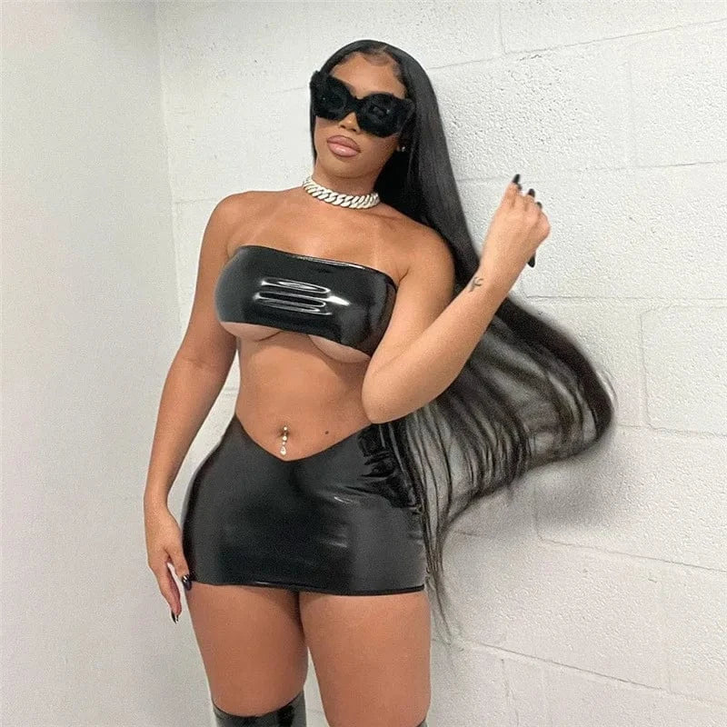 2024 New arrivals autumn strapless sexy pu leather clubwear two piece set women clothing