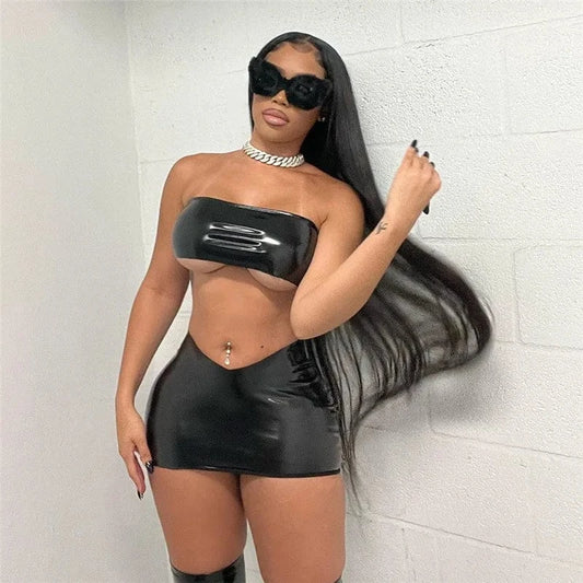 2024 New arrivals autumn strapless sexy pu leather clubwear two piece set women clothing