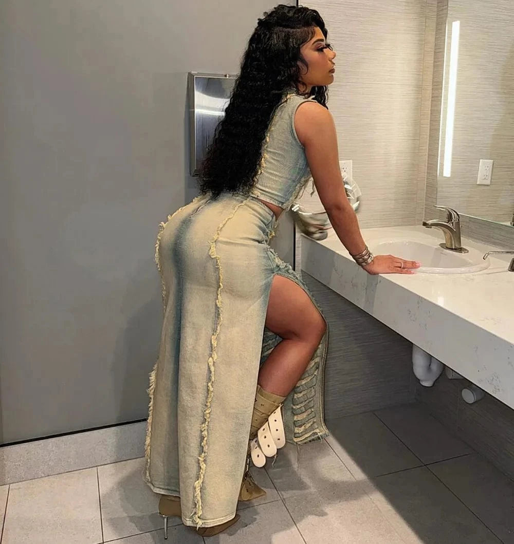 2024 new arrivals boutique beachwear sexy ripped 2 piece maxi skirt and top set for women