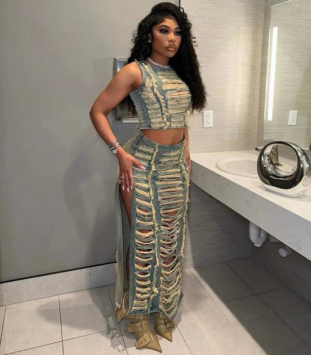 2024 new arrivals boutique beachwear sexy ripped 2 piece maxi skirt and top set for women