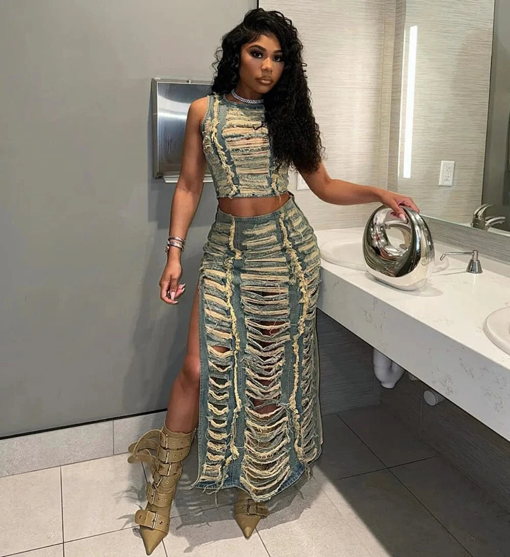 2024 new arrivals boutique beachwear sexy ripped 2 piece maxi skirt and top set for women