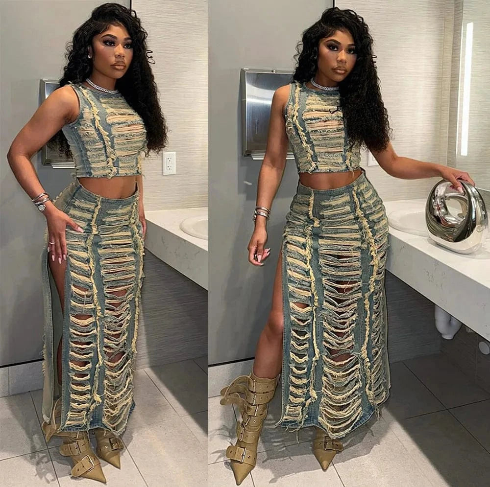 2024 new arrivals boutique beachwear sexy ripped 2 piece maxi skirt and top set for women