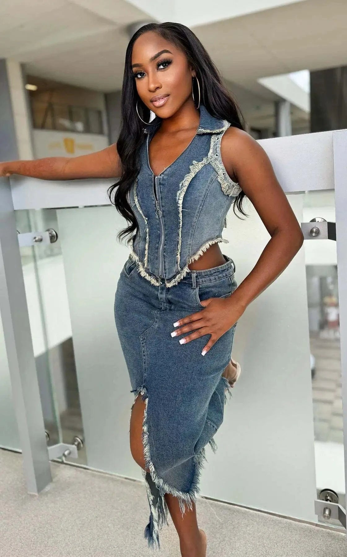 2024 new arrivals boutique S-2XL denim jeans 2 piece midi skirt and top set for women