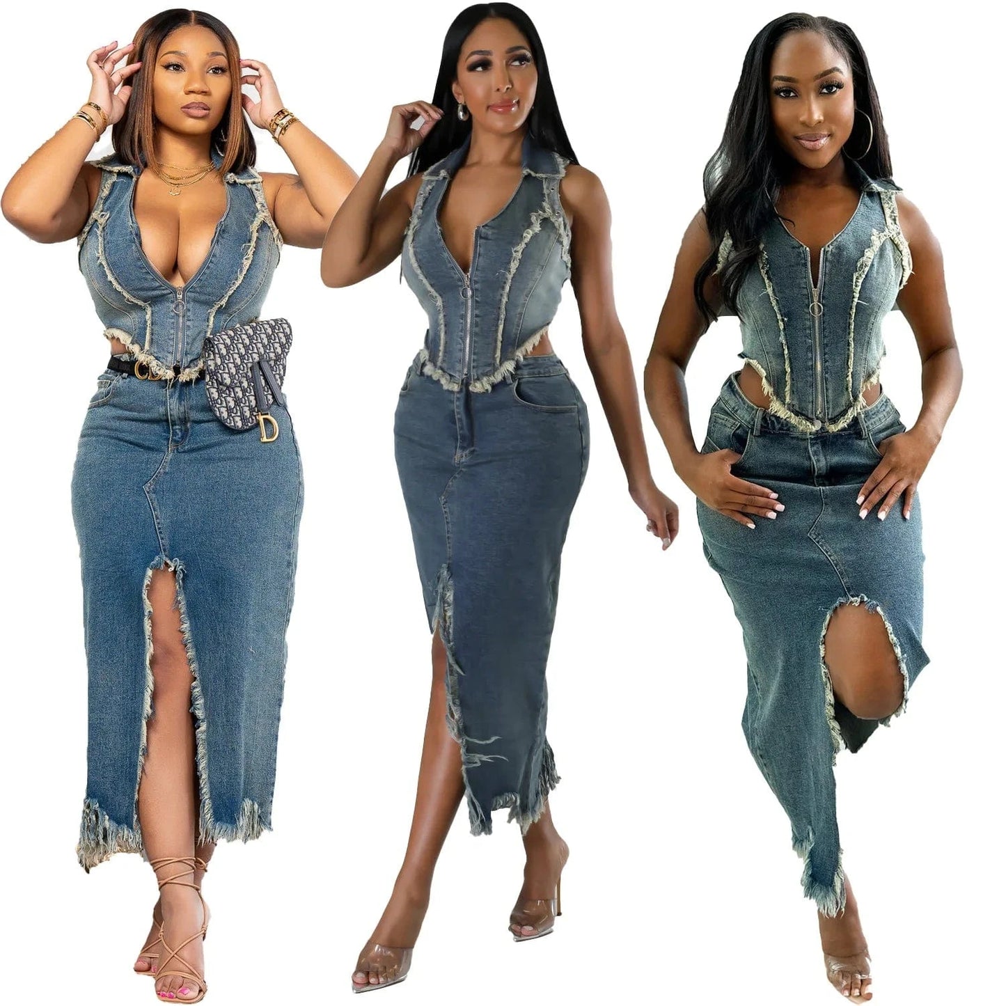2024 new arrivals boutique S-2XL denim jeans 2 piece midi skirt and top set for women