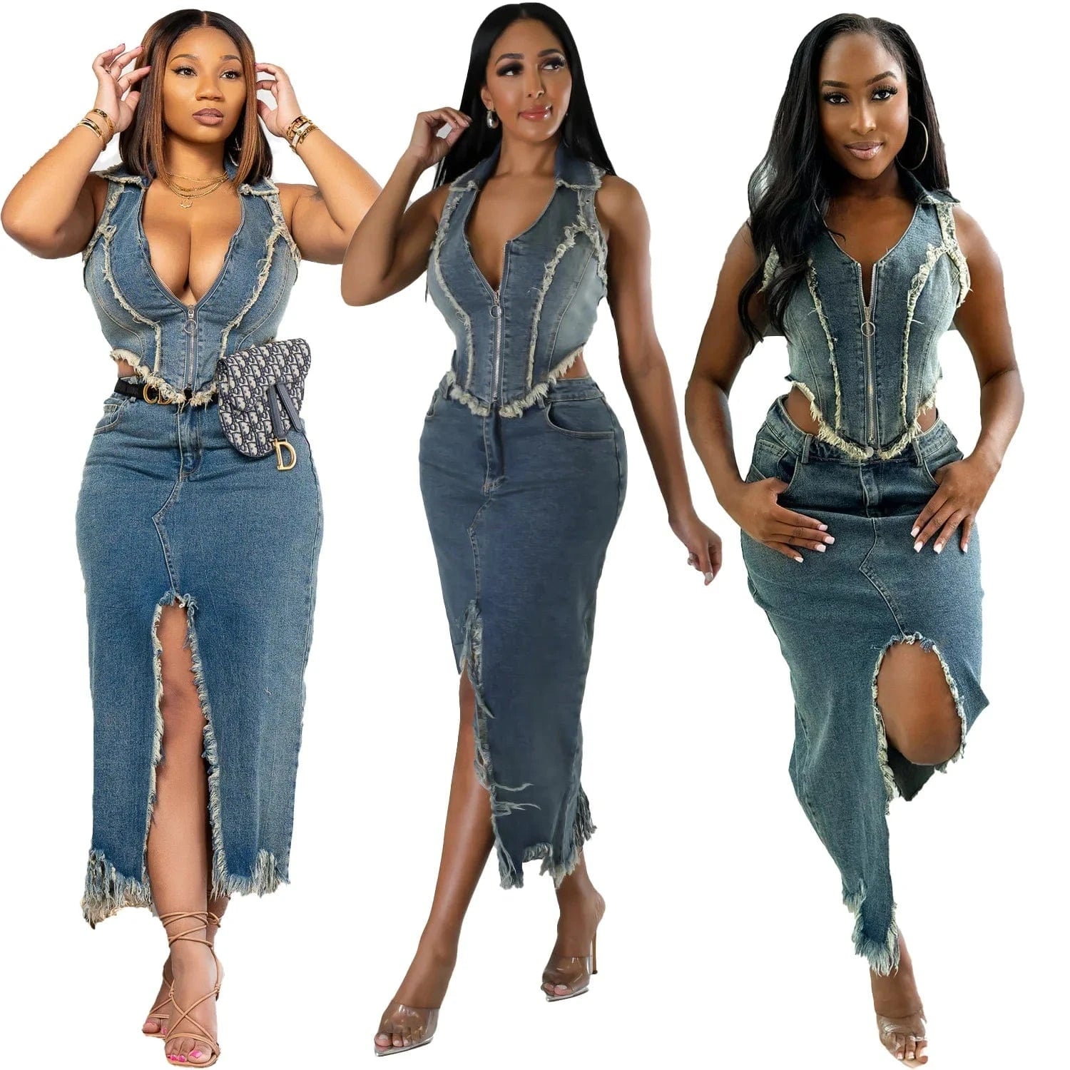2024 new arrivals boutique S-2XL denim jeans 2 piece midi skirt and top set for women