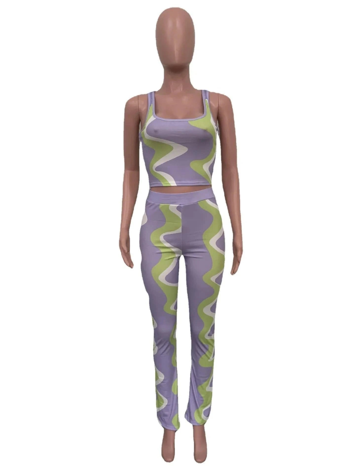 2024 New Arrivals Crop Tank Top And High Waist Pants Spring Women Clothes Fashion Print Two Piece Pants Set