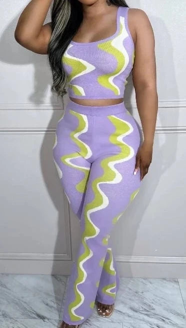 2024 New Arrivals Crop Tank Top And High Waist Pants Spring Women Clothes Fashion Print Two Piece Pants Set