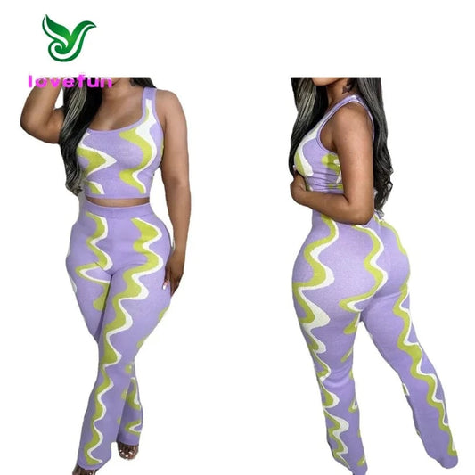 2024 New Arrivals Crop Tank Top And High Waist Pants Spring Women Clothes Fashion Print Two Piece Pants Set