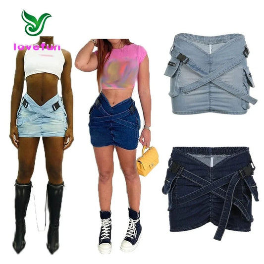 2024 New Arrivals Cross Belt Denim Skirt High Waist Casual Skirt Fashion Zip Pocket Mini Skirt For Women