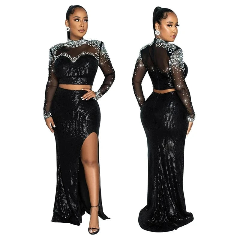 2024 new arrivals elegant rhinestone sequin two 2 piece maxi long skirt set midi evening red dress luxury empire ball gown