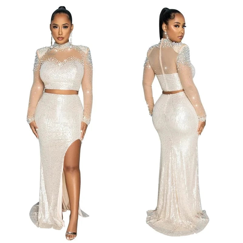 2024 new arrivals elegant rhinestone sequin two 2 piece maxi long skirt set midi evening red dress luxury empire ball gown