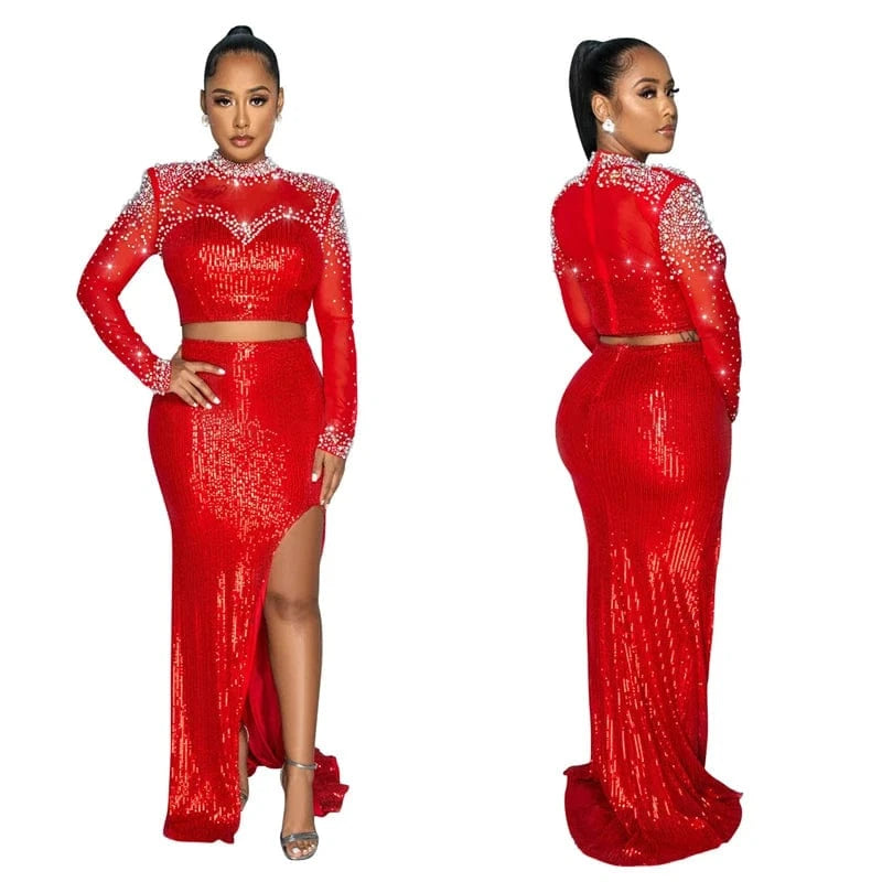 2024 new arrivals elegant rhinestone sequin two 2 piece maxi long skirt set midi evening red dress luxury empire ball gown