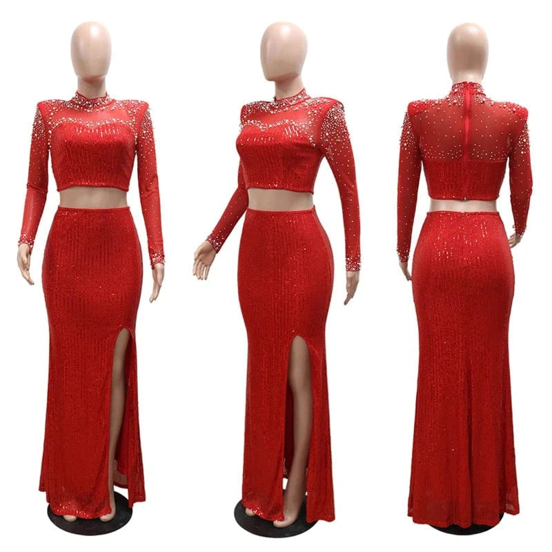 2024 new arrivals elegant rhinestone sequin two 2 piece maxi long skirt set midi evening red dress luxury empire ball gown