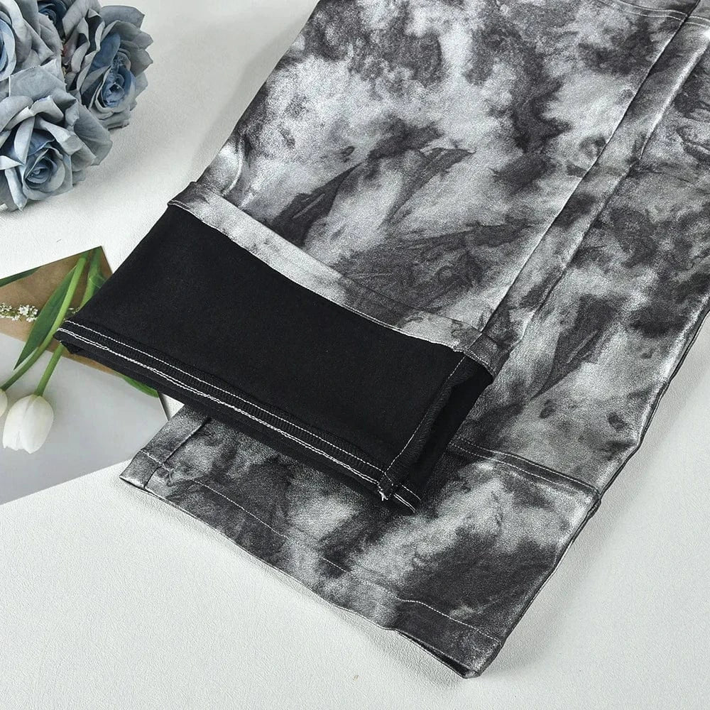 2024 New Arrivals Fashion Print Casual Trousers High Waist Straight Pants Stretch Pu Skinny Pants For Women