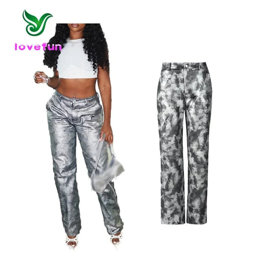 2024 New Arrivals Fashion Print Casual Trousers High Waist Straight Pants Stretch Pu Skinny Pants For Women