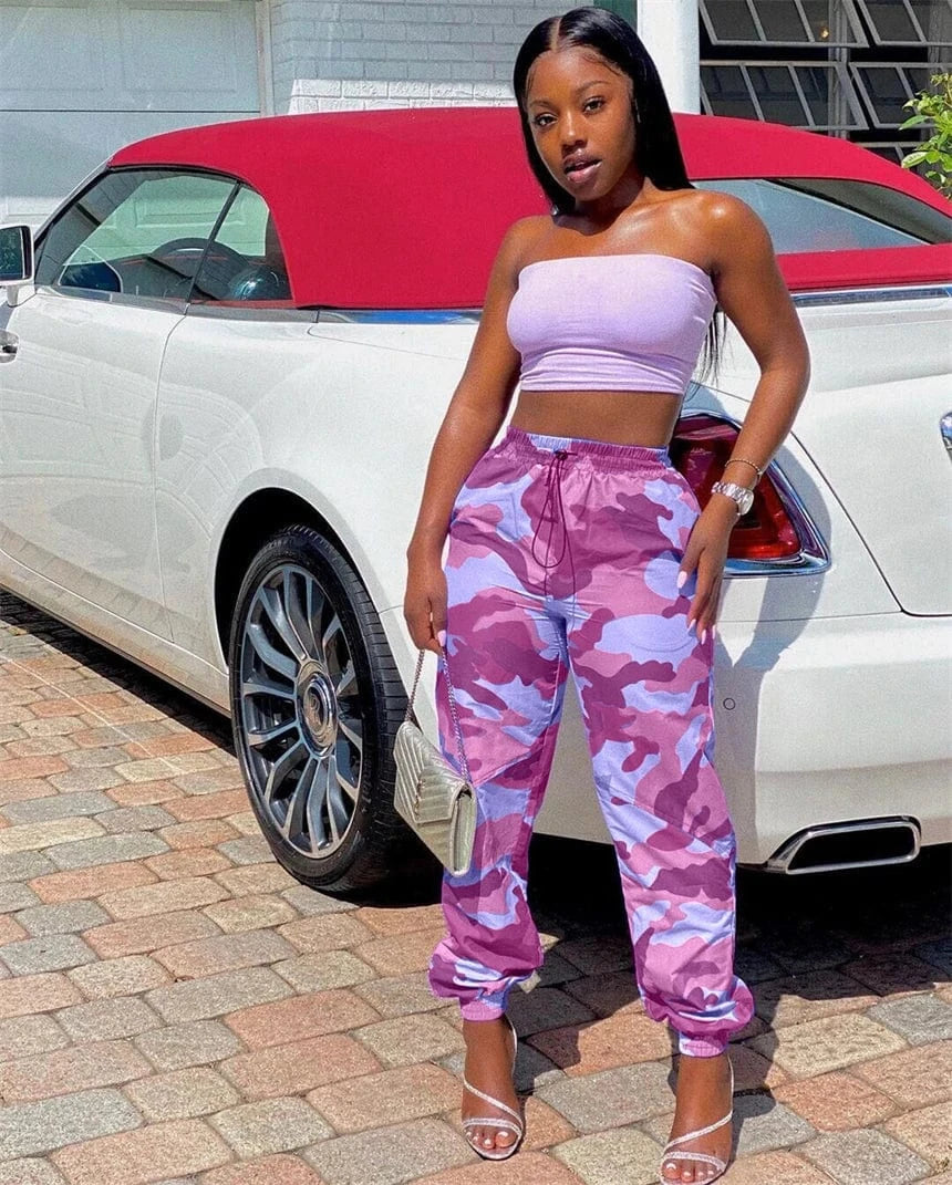 2024 new arrivals high quality female women camouflage print elastic high waist cargo pants y2k print track pants for women