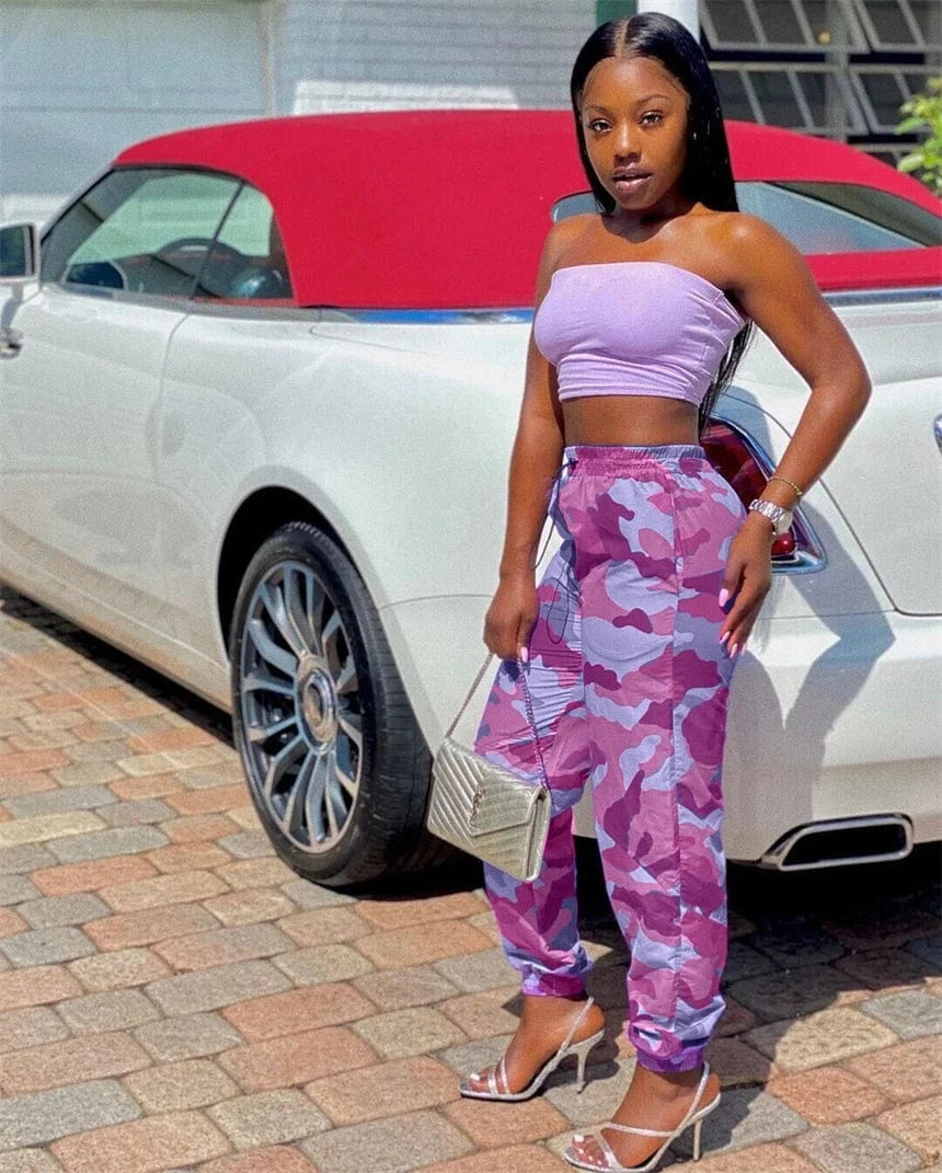 2024 new arrivals high quality female women camouflage print elastic high waist cargo pants y2k print track pants for women