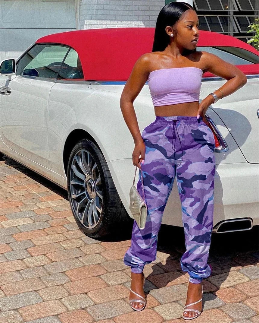 2024 new arrivals high quality female women camouflage print elastic high waist cargo pants y2k print track pants for women