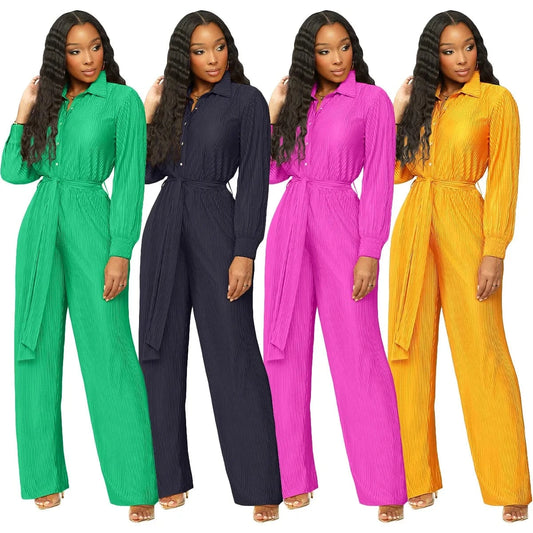 2024 New Arrivals Hot Sale Pleat Fabric Women Wide Leg Jumpsuits Long Sleeve Plain Fall Outfit Elegance Slim Fit