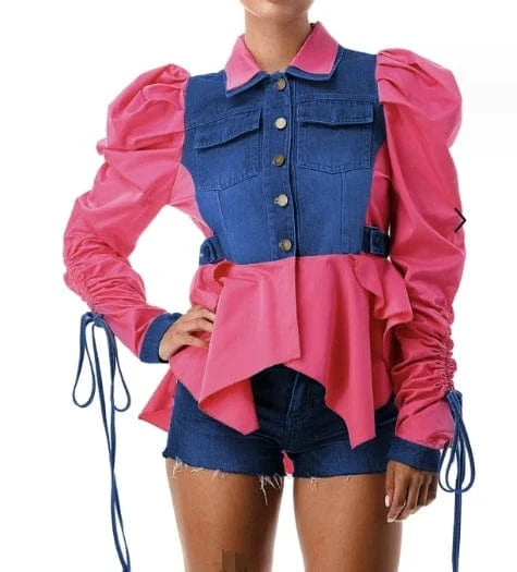 2024 New Arrivals Lace Up Sleeve Tops Turndown Collar Button Blouse Irregular Patchwork Denim Tops For Ladies