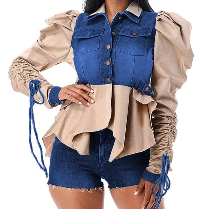 2024 New Arrivals Lace Up Sleeve Tops Turndown Collar Button Blouse Irregular Patchwork Denim Tops For Ladies