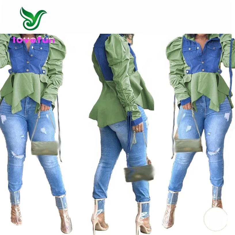 2024 New Arrivals Lace Up Sleeve Tops Turndown Collar Button Blouse Irregular Patchwork Denim Tops For Ladies
