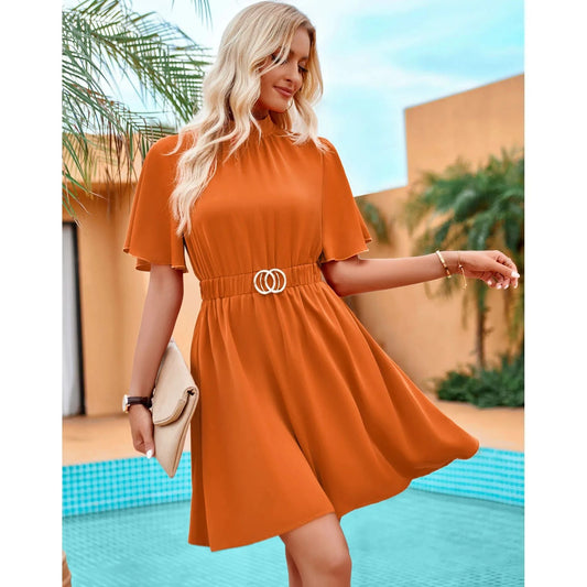 2024 new arrivals Ladies Stand Collar Short Sleeve Boho Summer Beach Dress High Low Hem Smocked  Dress Women's Dress Short