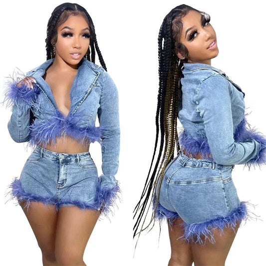 2024 new arrivals luxury elegant women feather denim shorts jackets jeans set clothing outfit clothes for women with feathers