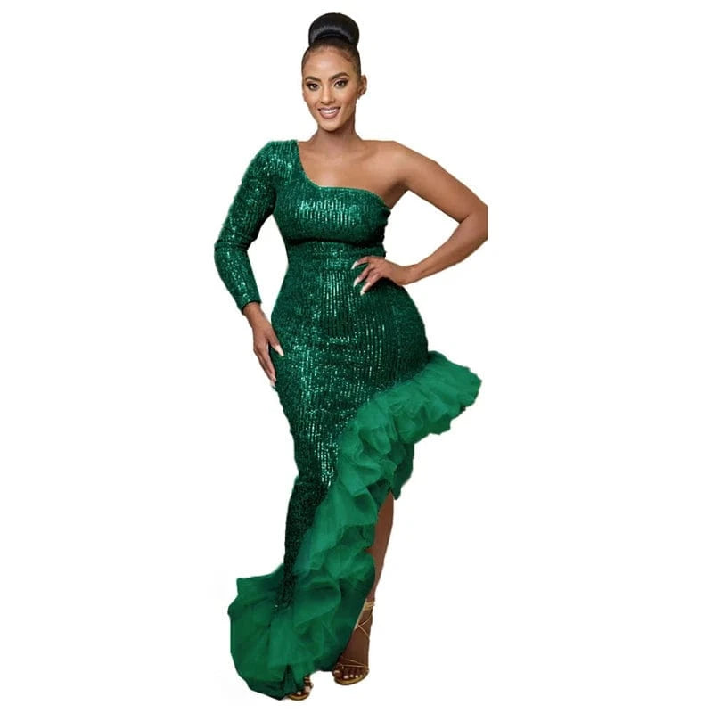 2024 new arrivals luxury one sleeve shoulder women maxi long sequin elegant msh ruffle edge party high slit prom evening dress