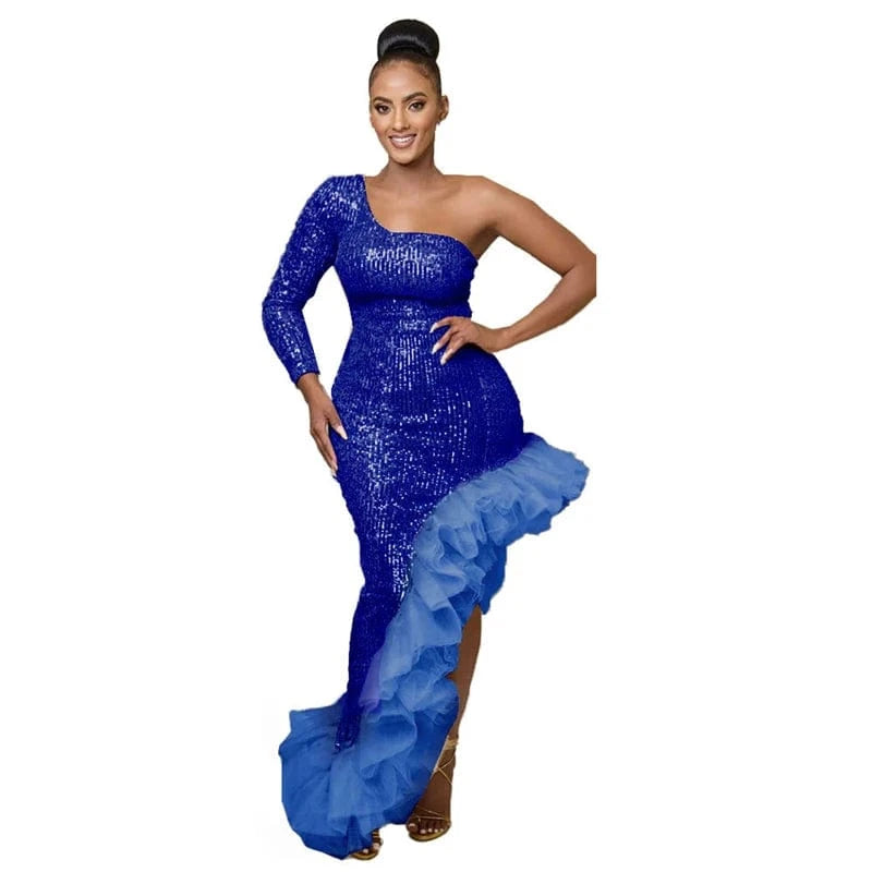 2024 new arrivals luxury one sleeve shoulder women maxi long sequin elegant msh ruffle edge party high slit prom evening dress