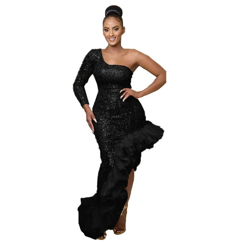 2024 new arrivals luxury one sleeve shoulder women maxi long sequin elegant msh ruffle edge party high slit prom evening dress