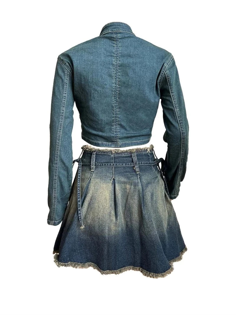 2024 new arrivals luxury women vintage elegant jeans denim 2 two piece pleated mini skirt and top jacket set for women with tops