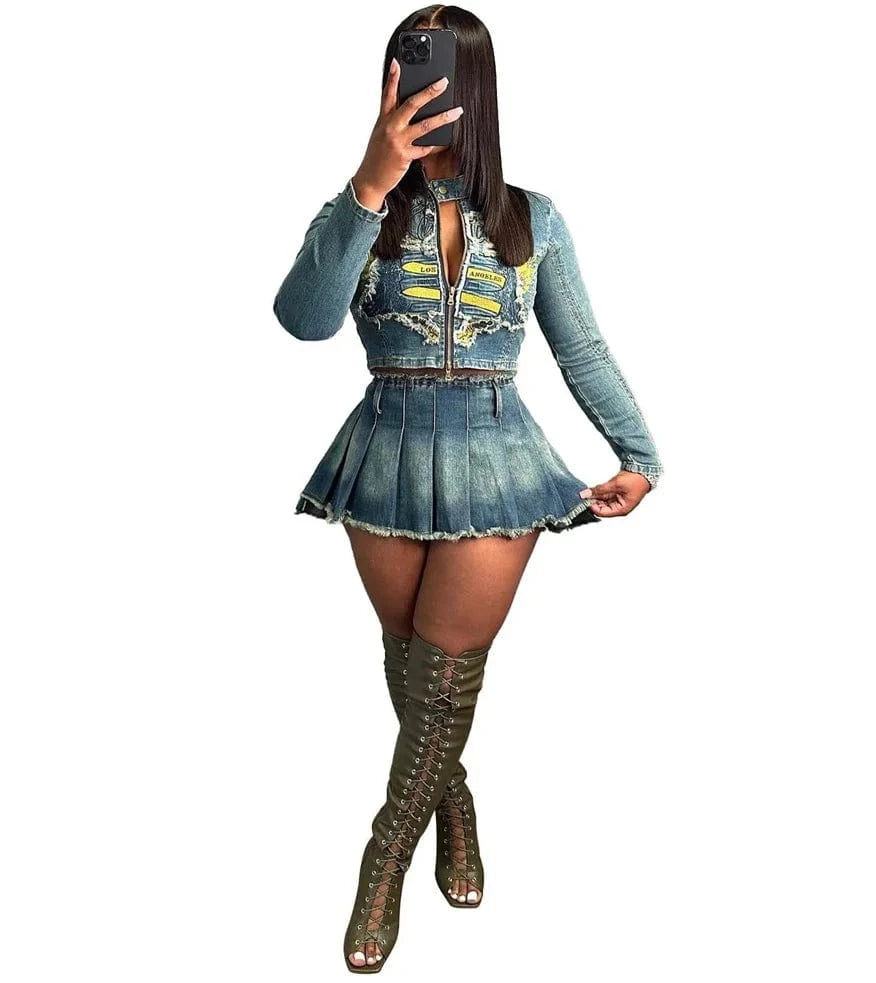 2024 new arrivals luxury women vintage elegant jeans denim 2 two piece pleated mini skirt and top jacket set for women with tops