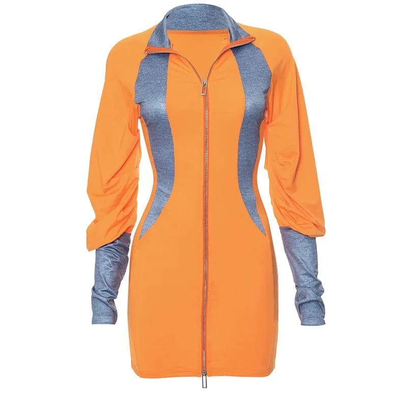 2024 New Arrivals Patchwork Long Sleeve Mini Dress Spring Women's Clothing Stand Collar Zip Up Bodycon Dresses