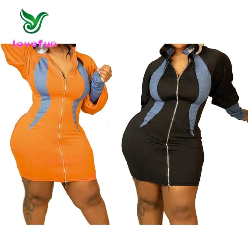 2024 New Arrivals Patchwork Long Sleeve Mini Dress Spring Women's Clothing Stand Collar Zip Up Bodycon Dresses