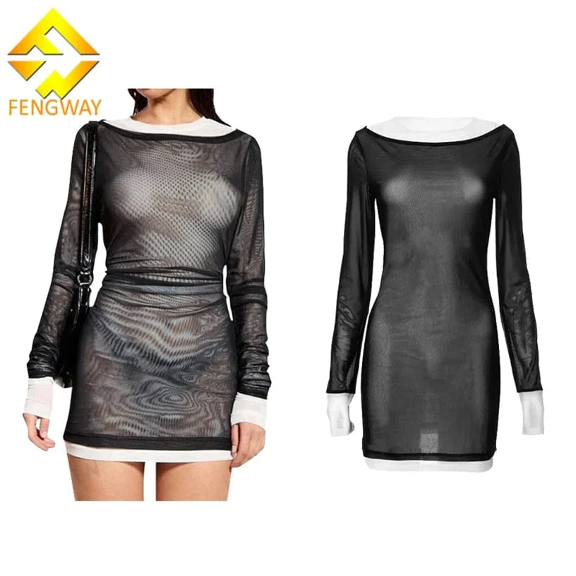 2024 New Arrivals Patchwork O-Neck Bodycon Dress Women Long Sleeve Mini Dress Sexy See Through Mesh Dresses