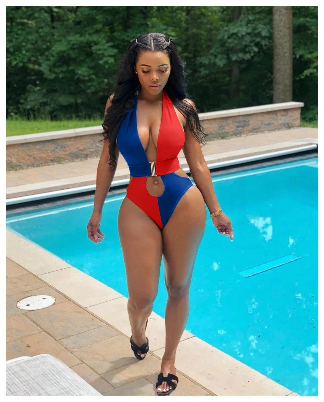 2024 New Arrivals Pierced Halter Neck Colorblock Swimwear Bikini Women One Piece Hot Sexy Deep V-Neck Swimsuit