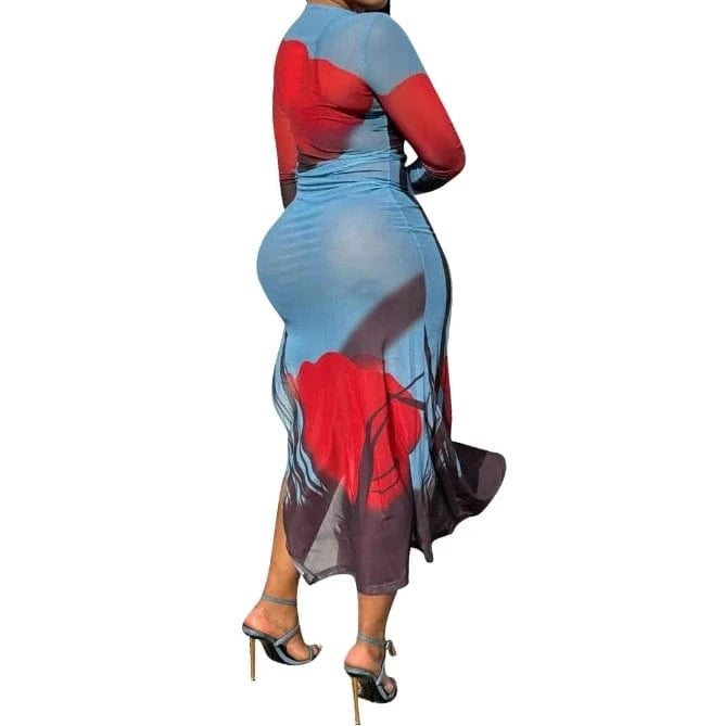 2024 New Arrivals Printed Mesh Bodycon Dress Spring Women's Clothing Sexy Split Long Dress For Ladies