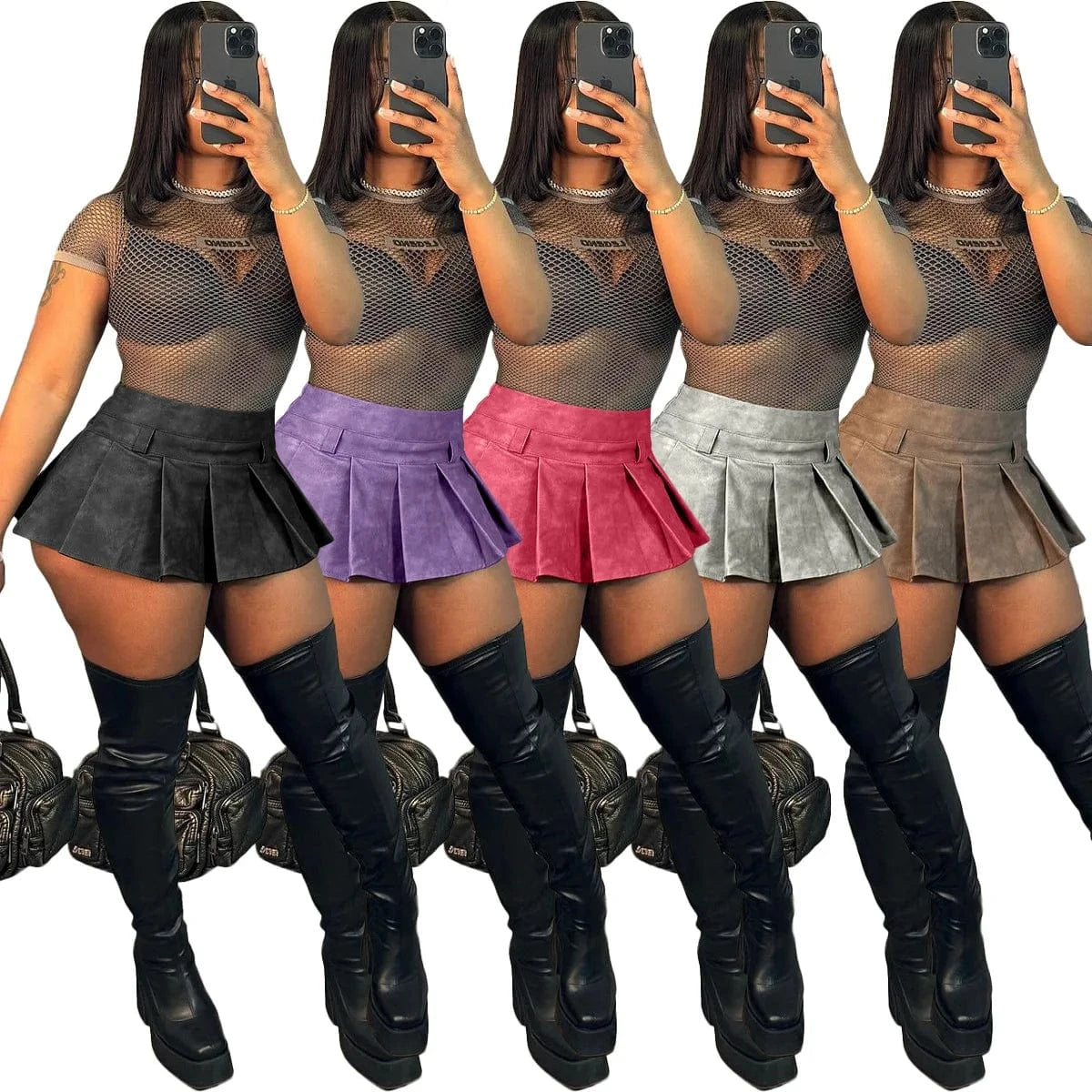 2024 New arrivals S-2XL fashion trendy boutique pu leather pleated mini womens skirts