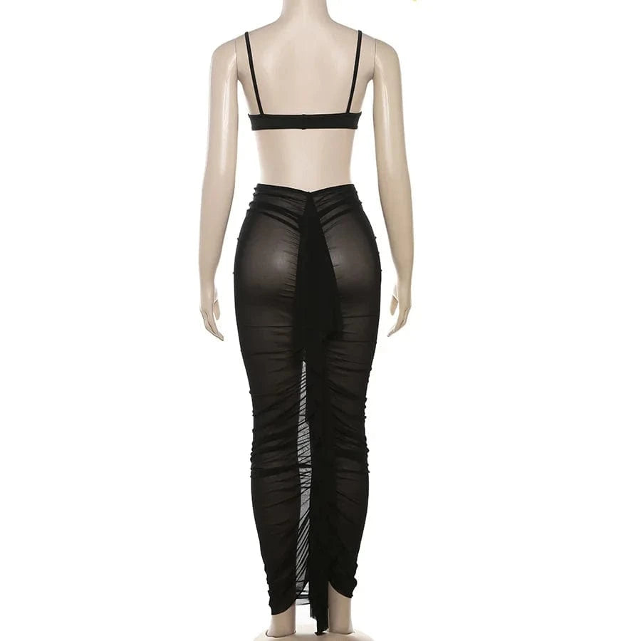 2024 new arrivals summer boutique beachwear swimsuit black mesh 3 piece maxi skirt set