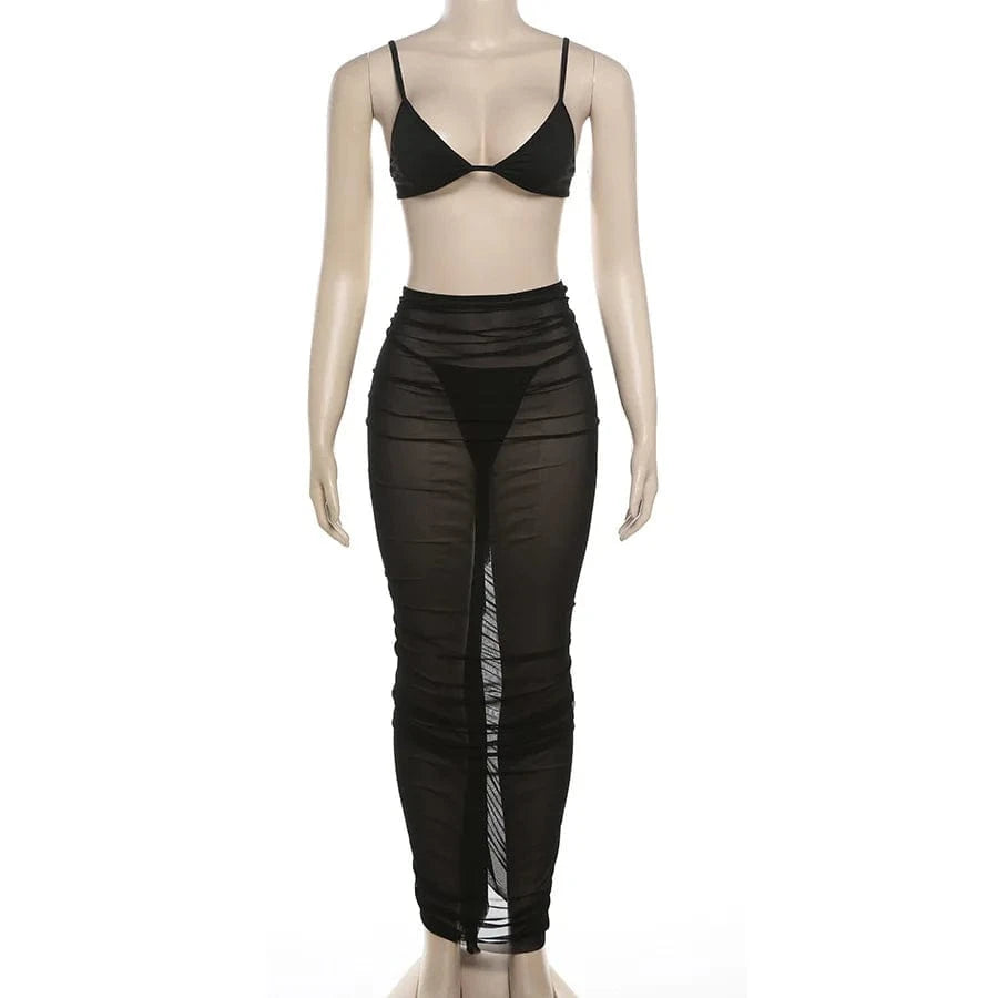 2024 new arrivals summer boutique beachwear swimsuit black mesh 3 piece maxi skirt set