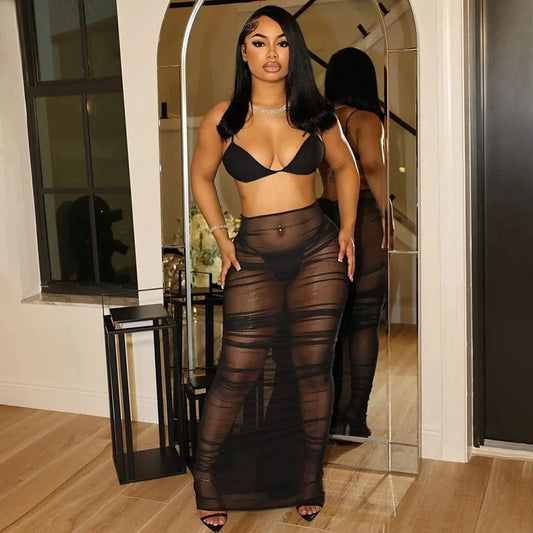 2024 new arrivals summer boutique beachwear swimsuit black mesh 3 piece maxi skirt set