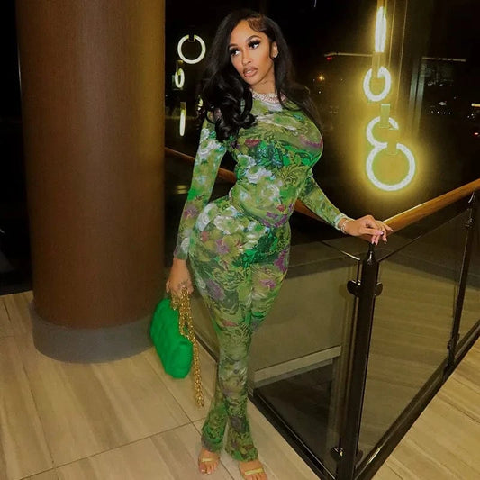 2024 new arrivals usa clothing see through print long sleeve mesh two piece pants set