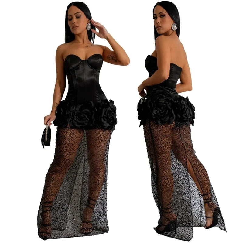 2024 new arrivals women ladies luxury sexy white fairy sequin bling mesh sheer flower party evening ball gown dress for women