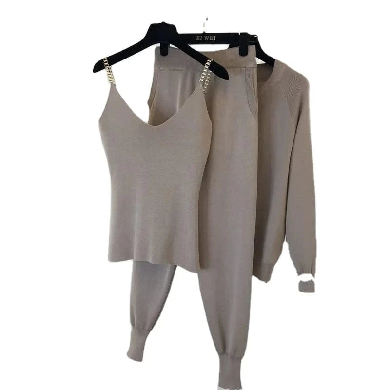 2024 New arrivals women long sleeve zipper cardigan and tank set sweater pants set women  3 piece cardigan set